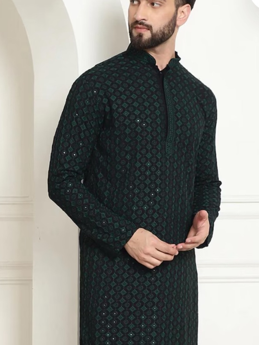 Men's Dark Green Embroidered Dress Shirt - Classic Kurta Style